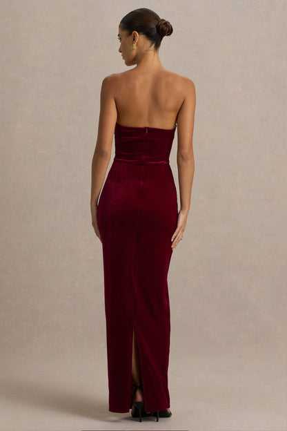 Illusion | Vestido Largo Burdeos De Terciopelo Con Escote Bandeau Y Lazo