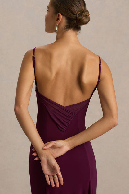 Gabbie | Vestido Largo Burdeos Con Escote Drapeado y Espalda De Malla