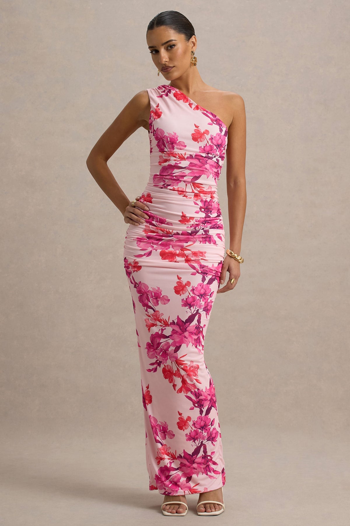 Dalarie | Vestido Largo Asimétrico con fruncido y Estampado Floral en Rosa y Naranja