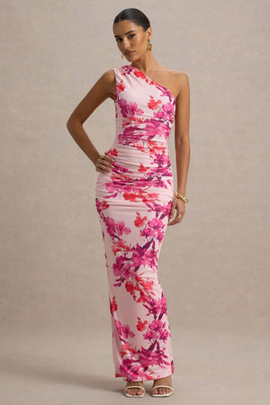 Dalarie | Vestido Largo Asimétrico con fruncido y Estampado Floral en Rosa y Naranja
