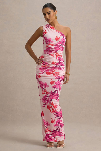 Dalarie | Vestido Largo Asimétrico con fruncido y Estampado Floral en Rosa y Naranja
