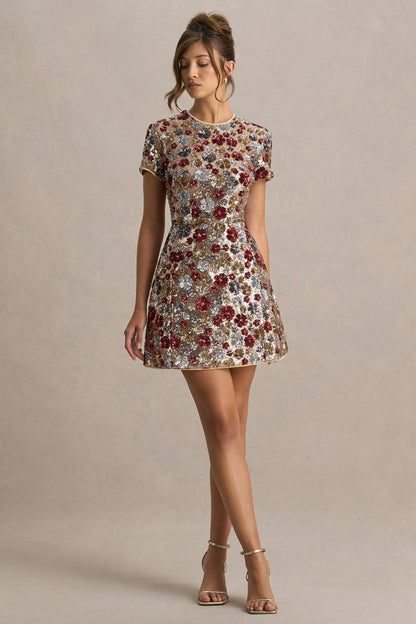 Eira | Vestido corto rojo de lentejuelas con estampado floral y escote redondo