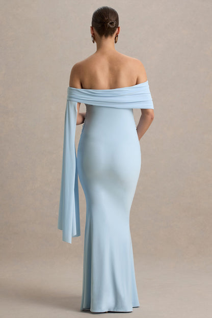Aquila | Vestido largo de premamá Azul bebé con Escote Bardot y Manga Drapeada