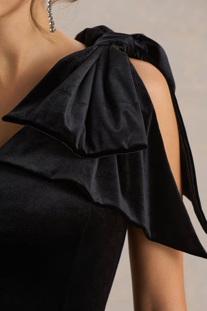 Keeley | Vestido Corto Negro de Terciopelo con Escote Asimétrico y Lazo