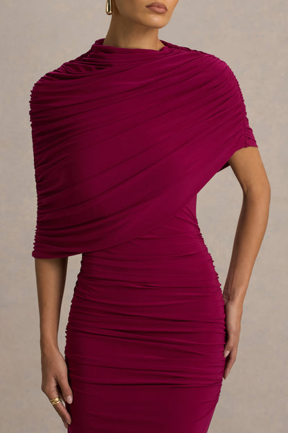 Glitz | Vestido largo en Burdeos con Escote Alto, Manga Capa y Detalles Fruncidos