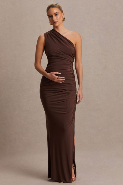 Darcie | Vestido Largo Premamá con Escote Asimétrico en Marrón