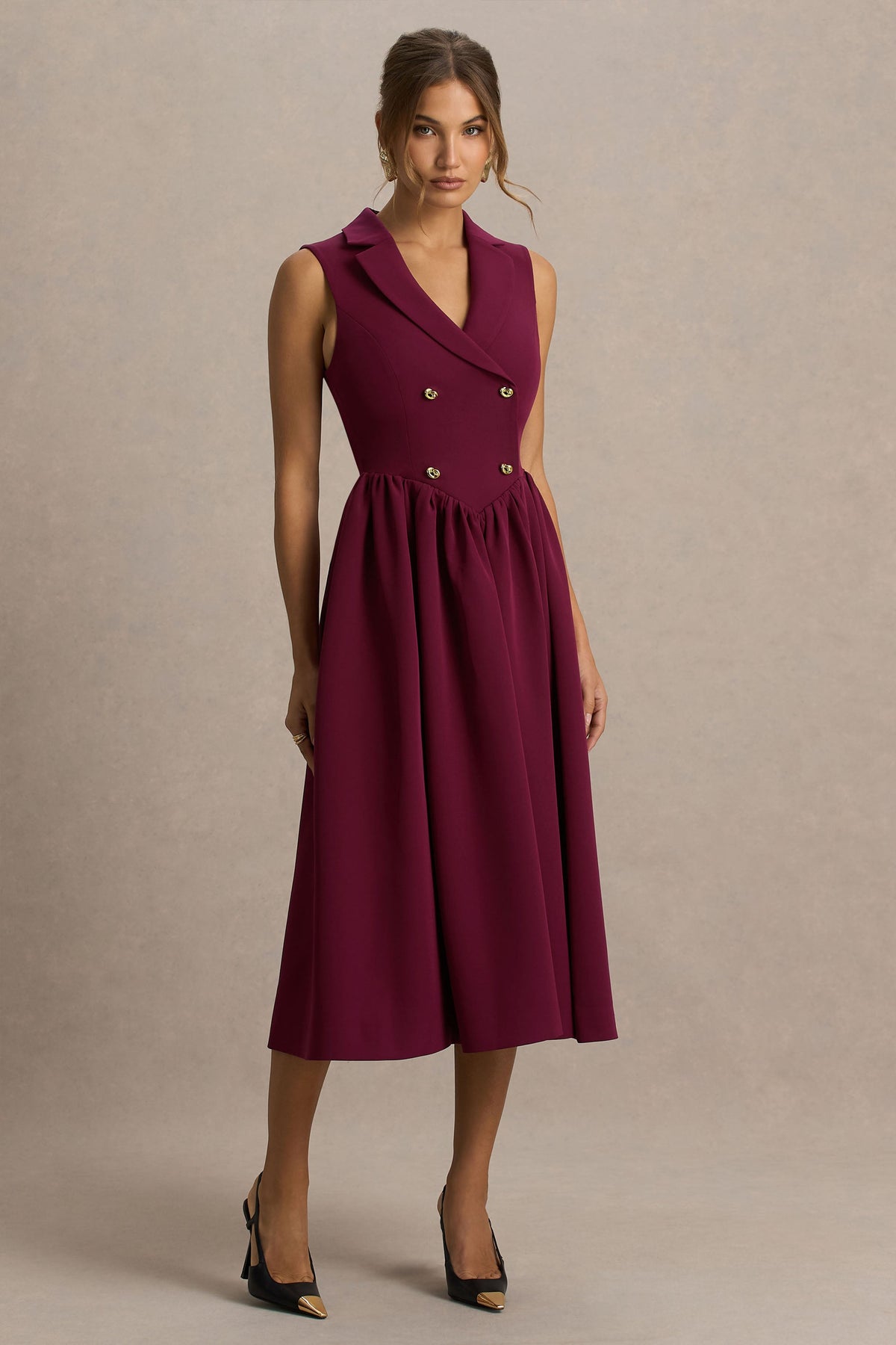 Lisa | Vestido Midi Sastre Color Burdeos con Escote Pronunciado