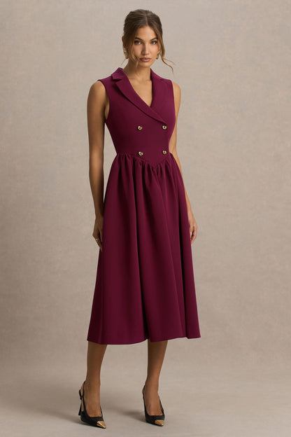 Lisa | Vestido Midi Sastre Color Burdeos con Escote Pronunciado