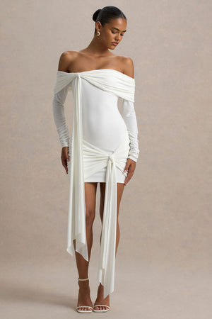 Essie | Vestido corto blanco de mangas largas con escote bardot y detalles de lazo