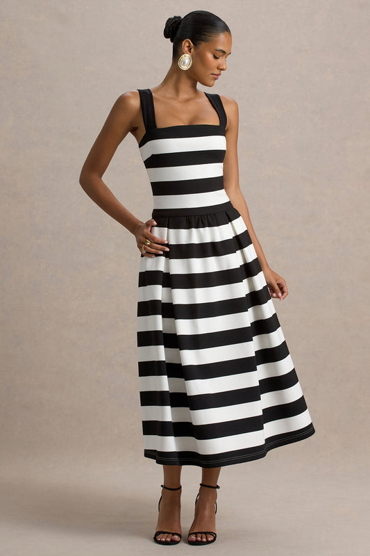 Monte Carlo | Vestido midi de rayas blanco y negro con escote cuadrado