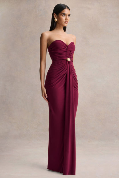 Beverly | Vestido Largo burdeos palabra de honor con detalle fruncido