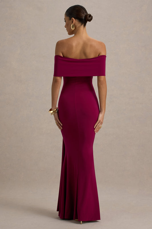 Delma | Vestido largo cereza oscuro con escote Bardot y detalle de frunces