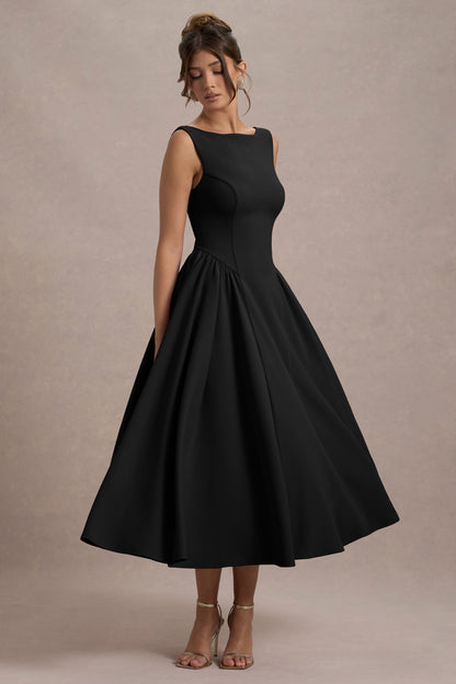 Muriel | Vestido midi negro con escote barco y bajo con volumen