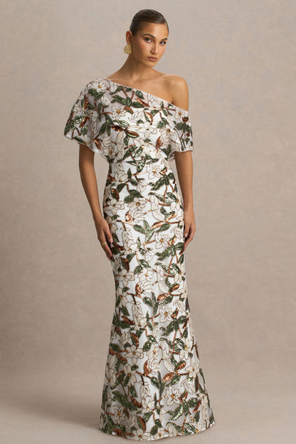 Iony | Vestido Largo de cuello asimétrico con detalles florales, malla y lentejuelas en blanco y verde