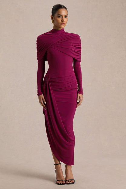 Aneira | Vestido largo burdeos de cuello alto con mangas capa