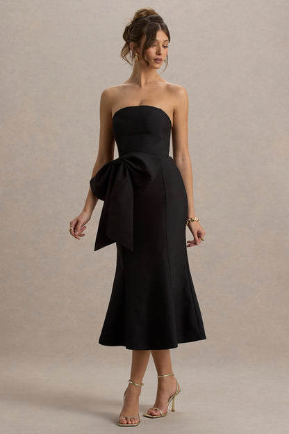 To Me | Vestido Midi Negro con escote Bandeau y lazo Oversized