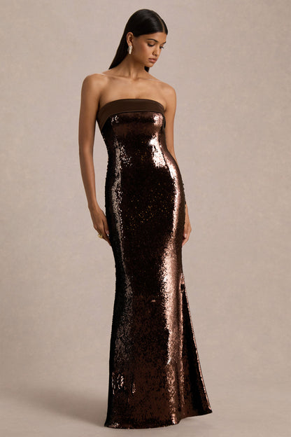 Leona | Vestido Largo bandeau marrón con lentejuelas y ribete de satén
