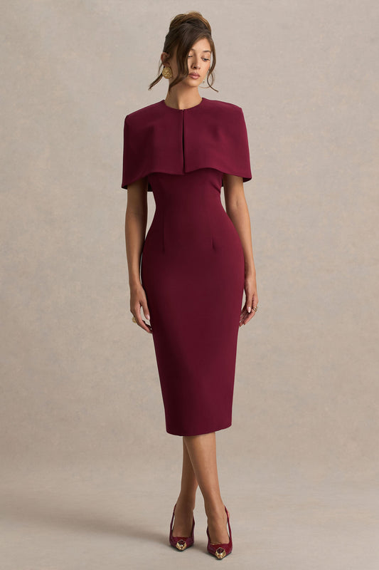 Baylor | Vestido Midi Burdeos Con Capa Corta Desmontable