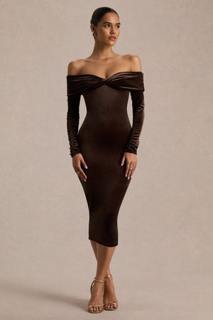 Compliment | Vestido Midi Bardot de Terciopelo Marrón