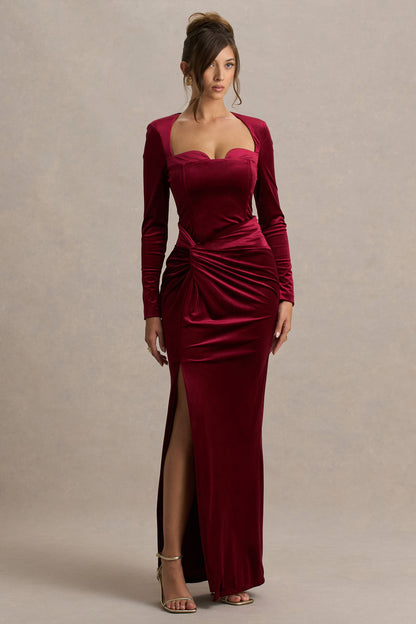 Fay | Vestido Largo Anudado Estilo Corsé en Terciopelo Color Baya