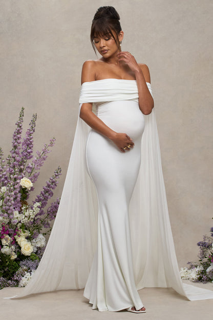 Carlotta | Vestido largo en blanco de maternidad con escote bardot y capa trasera