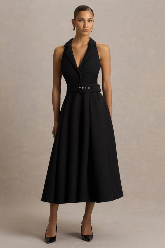 Alessa | Vestido Midi Negro Entallado con Escote Profundo