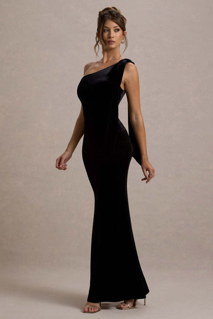 Jillian | Vestido largo Asimétrico de Terciopelo Negro con Tirante de Lazo