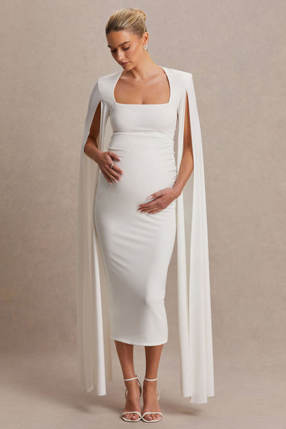 Flawless | Vestido midi premamá blanco con escote cuadrado y mangas capa