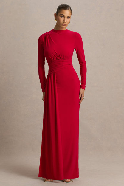 Virelle | Vestido Largo Rojo Con Escote Barco y Cintura Caída