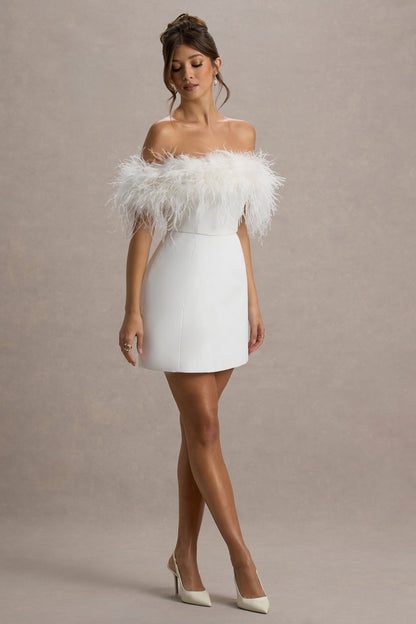 Palace | Vestido corto blanco con escote bardot y detalle de plumas