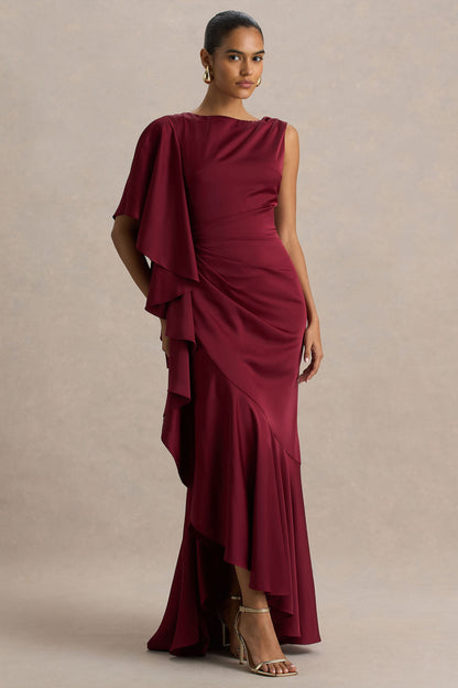 Freya | Vestido Largo De Satén Burdeos Con Cuello Alto y Detalle Fruncido