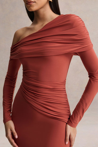 Elliora | Vestido midi de color óxido con cuello asimétrico