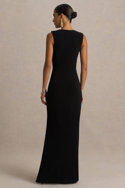 Alena | Vestido Largo Negro con Escote Profundo y Detalle Dorado