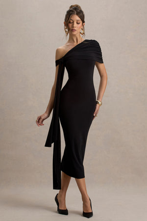 Praia | Vestido midi negro entallado con detalles fruncidos y drapeados