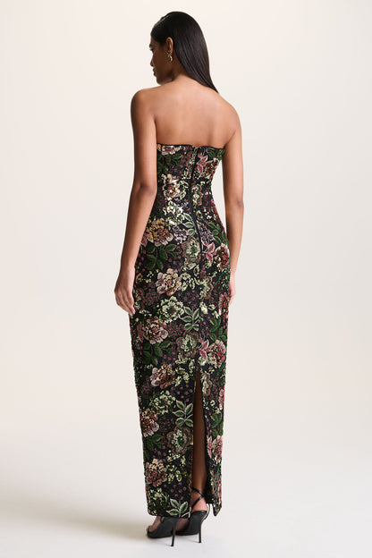 Cora | Vestido Largo Bandeau de Malla y Lentejuelas con Capa en la Espalda