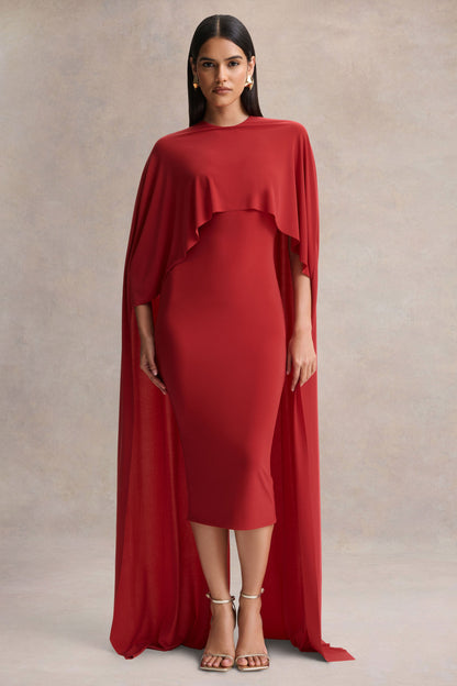 Kalani | Vestido Midi Rojo con Cuello Redondo y Mangas Tipo Capa