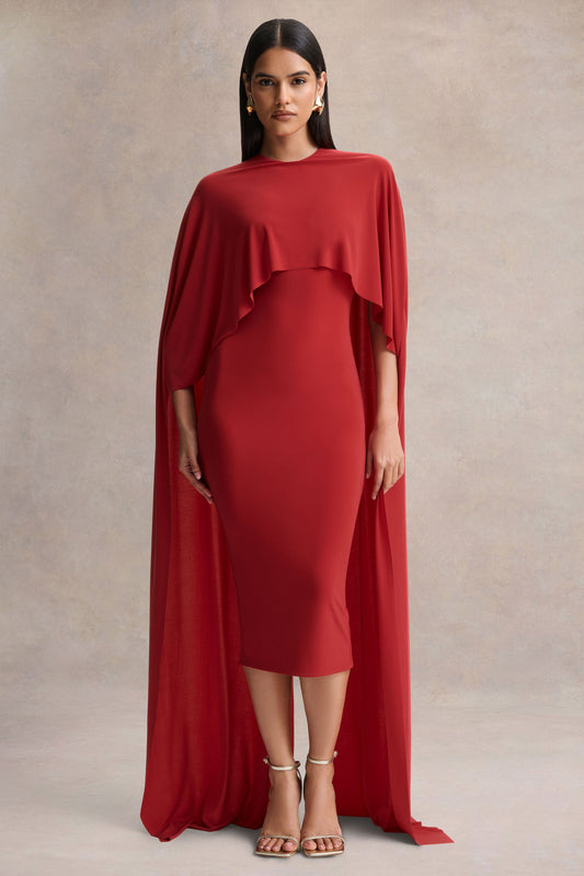 Kalani | Vestido Midi Rojo con Cuello Redondo y Mangas Tipo Capa