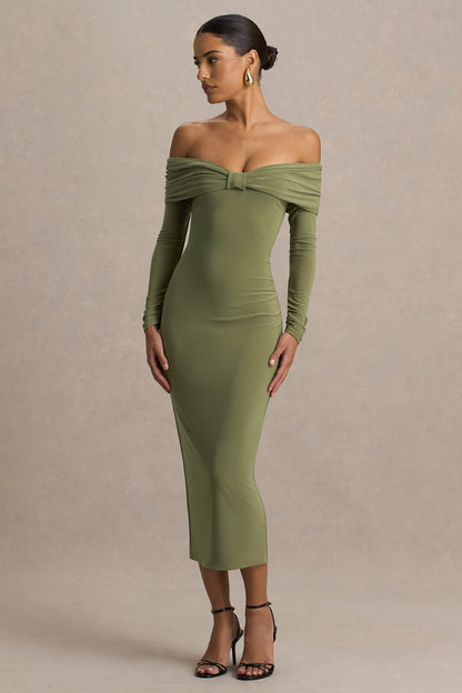 Spark | Vestido Midi Oliva Con Escote Bardot Y Detalle De Lazo