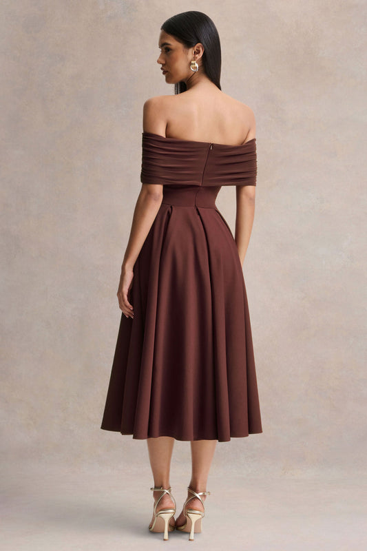 Dearest | Vestido Midi Marrón con Escote Bardot