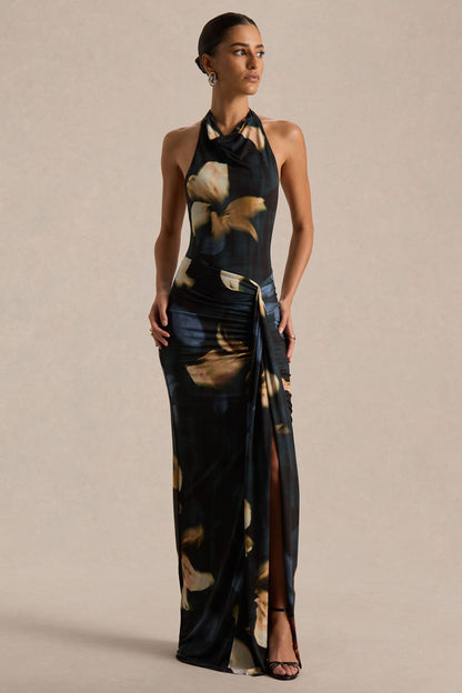 Sunflower | Vestido largo de cuello alto con estampado de lirios oscuros y abertura frontal alta