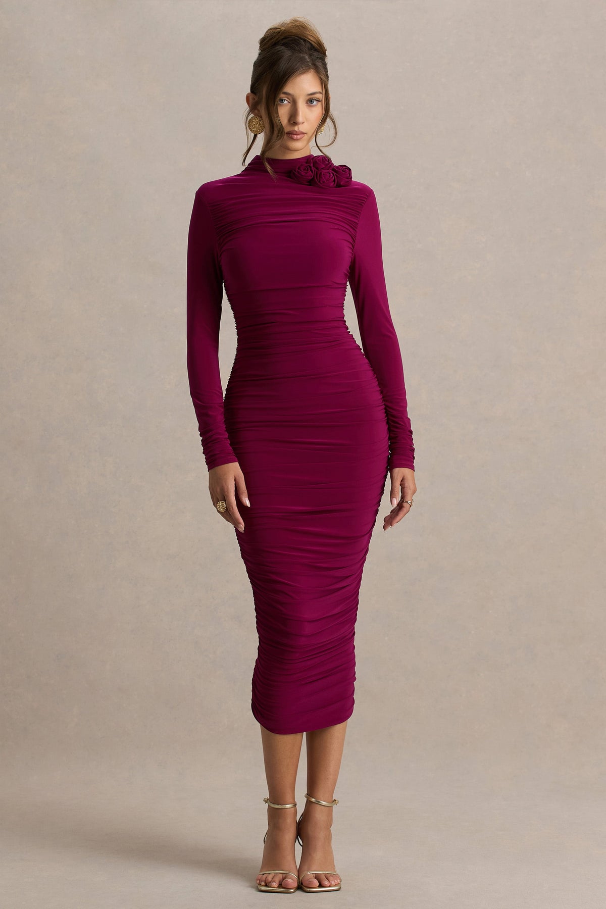 Tamara | Vestido Midi Burdeos de Manga Larga con Fruncidos