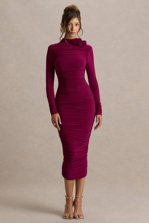 Tamara | Vestido Midi Burdeos de Manga Larga con Fruncidos