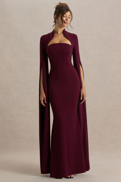 Esme | Vestido Largo Burdeos con Escote Cuadrado y Mangas Tipo Capa