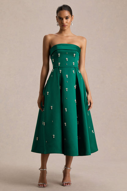 Sylvette | Vestido Midi Skater de Satén Verde Oscuro con Escote Bandeau