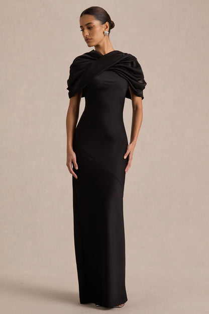 Yoli | Vestido Largo Negro de Satén con Capa Retorcida Removible
