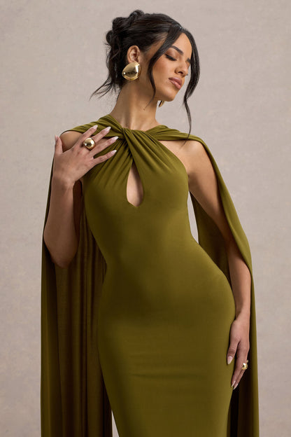 Rhoda | Vestido largo verde con escote halter y  banda decorativa