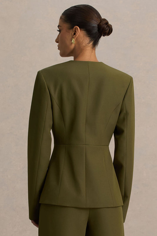 Rosalina | Blazer Verde Oliva Entallado con Escote Profundo Extremo