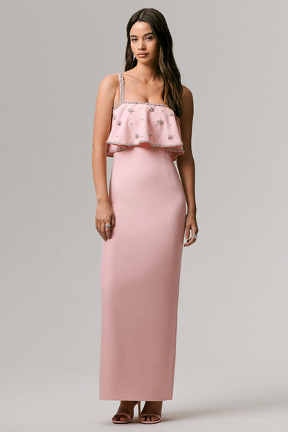 Scarlet | Vestido Largo rosa pálido con escote cuadrado y detalles ornamentales
