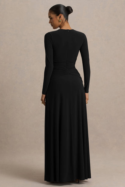 Estrella | Vestido Largo negro con cuello alto y detalle fruncido
