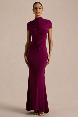 Azaria | Vestido largo burdeos de cuello alto con detalles fruncidos